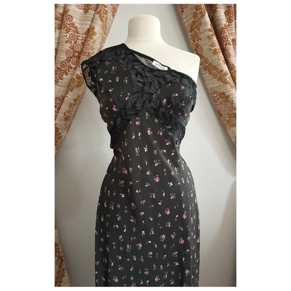 THE ATTICO • Peggy One Shoulder, Lace Panel Silk Slip Dress in Black - Picture 6 of 10